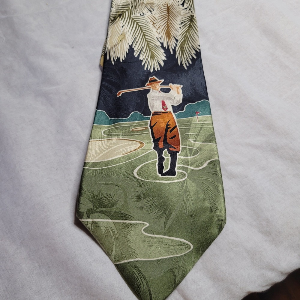 Tommy Bahama Mens Silk Tie Tropical Golf Scene Palm Leaves Green Navy USA Made
